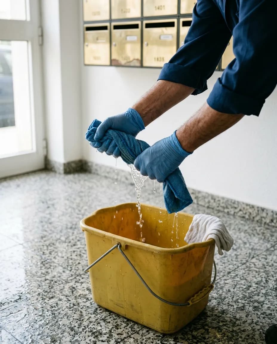 Mãos de uma funcionária a torcer uma mopa de microfibra num balde amarelo, sobre um chão em terrazzo