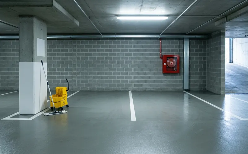 O mesmo lugar de garagem com o piso cinzento limpo e uniforme