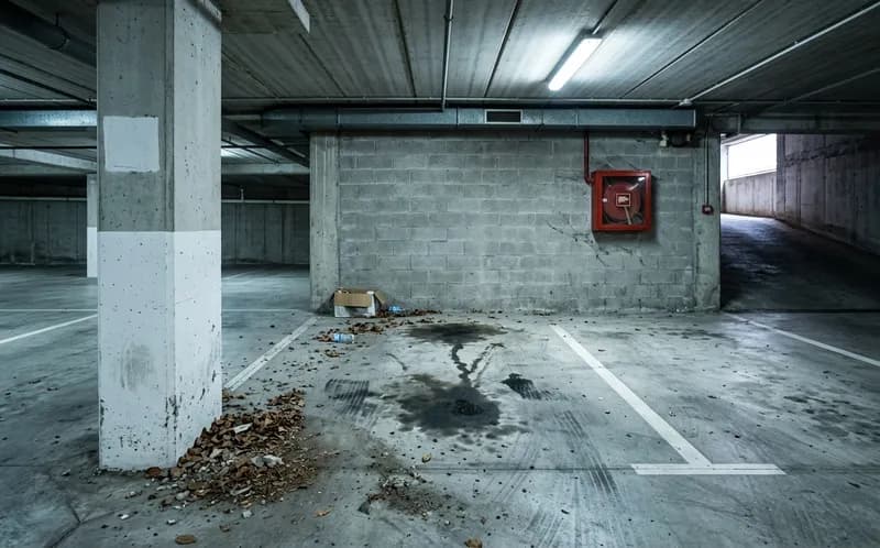 Lugar de garagem subterrânea com manchas de óleo, folhas e pó junto ao pilar