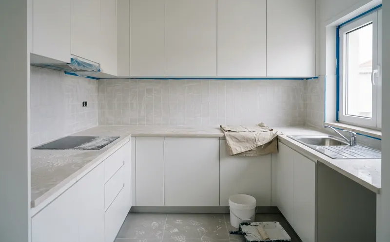 Cozinha remodelada coberta de pó de gesso com fita de pintor na janela