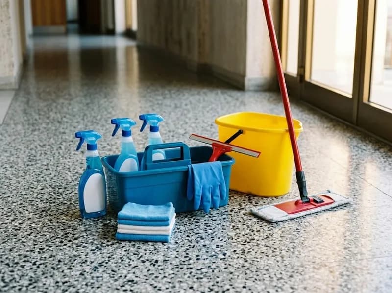 Cesto de limpeza com pulverizadores e um balde amarelo num chão em terrazzo