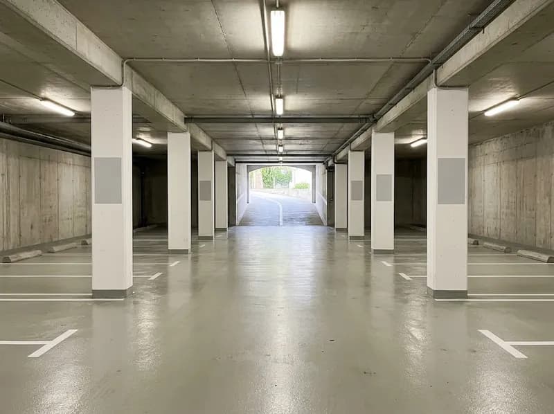 Lugar de garagem subterrânea limpo, com piso cinzento