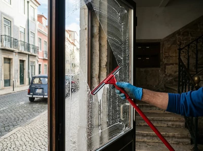Rodo a meio de uma passagem numa porta de vidro de entrada