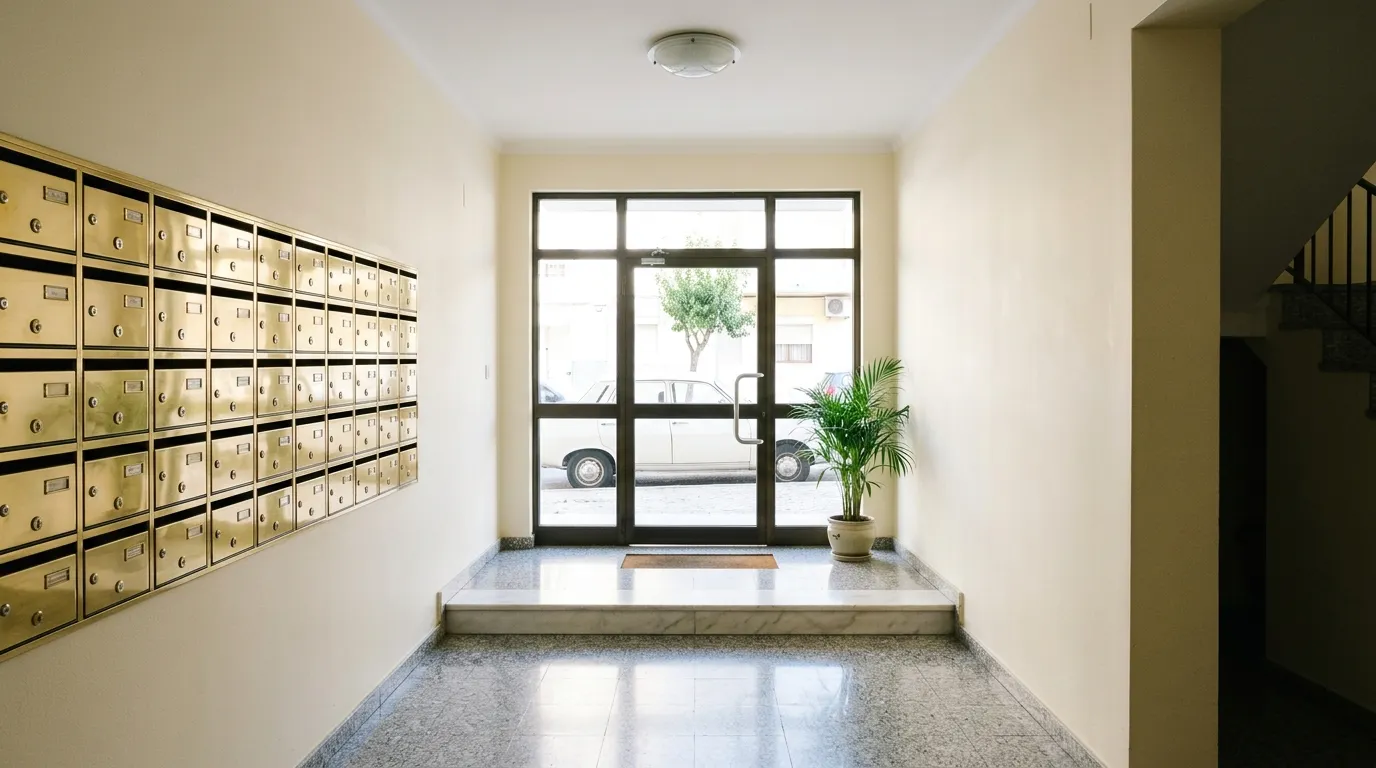 Hall de entrada de um prédio em terrazzo, limpo, com caixas de correio em latão e porta de vidro